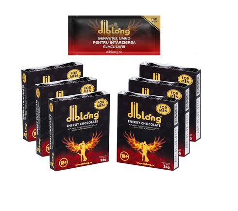 SET: Diblong Energy Chocolate For Men - supliment alimentar pentru bărbați pe bază de ciocolată, cu plante care susțin sănătatea sexuală și funcția erectilă, 6 x 24g + Diblong Delay Wipe