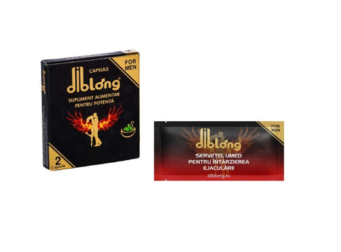 SET: Capsule Diblong Ginseng - supliment alimentar pentru bărbați, sub forma de capsule, cu plante care susțin sănătatea sexuală și funcția erectilă, 1 cutie x 2 buc + Diblong Delay Wipe