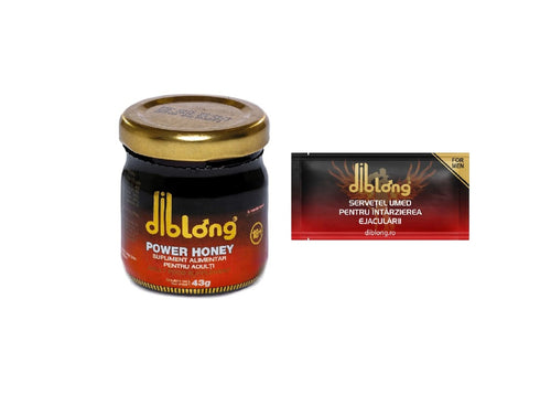 SET: Diblong Power Honey - supliment alimentar pentru adulți cu miere și asocieri de plante care susțin sănătatea sexuală și funcția de reproducere, 43 g + Diblong Delay Wipe
