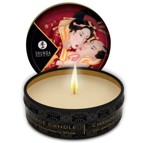 Lumanare pentru masaj cu feromoni Shunga - ROMANCE, cu aroma de capsuni si sampanie, 30 ml