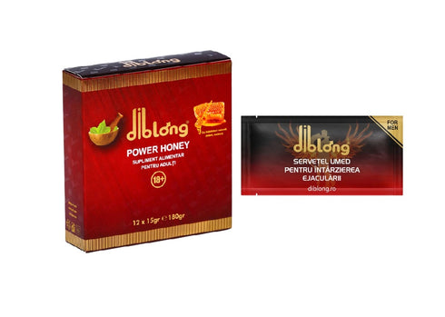 SET: Diblong Power Honey - supliment alimentar pentru adulți cu miere și asocieri de plante care susțin sănătatea sexuală și funcția de reproducere, 12 x 15 g + Diblong Delay Wipe
