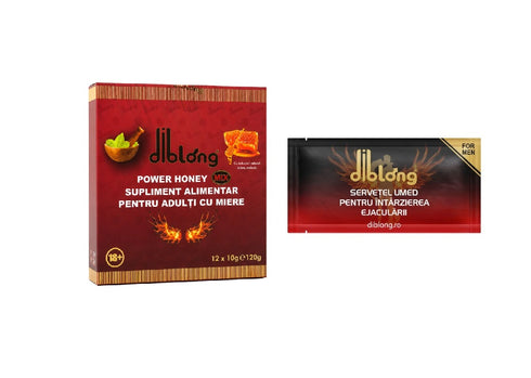 SET: Diblong Power Honey - supliment alimentar pentru adulți cu miere și asocieri de plante care susțin sănătatea sexuală și funcția de reproducere, 12 x 10 g + Diblong Delay Wipe