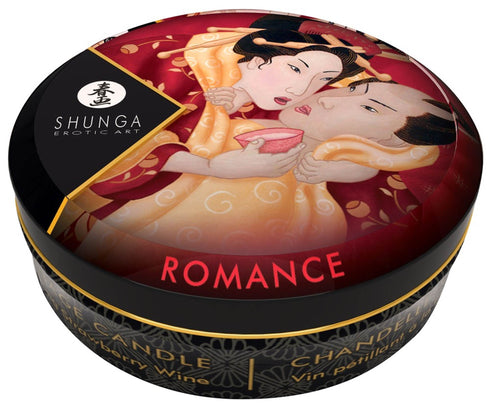 Lumanare pentru masaj cu feromoni Shunga - ROMANCE, cu aroma de capsuni si sampanie, 30 ml