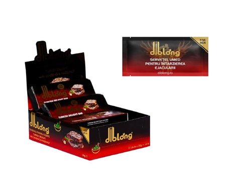 SET: Diblong Turkish Delight for Man - supliment alimentar pentru bărbați pe bază de rahat turcesc, cu plante care susțin sănătatea sexuală și funcția de reproducere, 12 x 30g + Diblong Delay Wipe