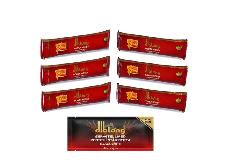 SET: Diblong Power Honey - supliment alimentar pentru adulți cu miere și asocieri de plante care susțin sănătatea sexuală și funcția de reproducere, 6 x 10 g + Diblong Delay Wipe