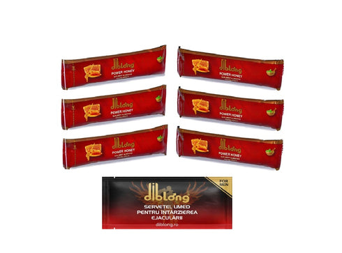 SET: Diblong Power Honey - supliment alimentar pentru adulți cu miere și asocieri de plante care susțin sănătatea sexuală și funcția de reproducere, 6 x 15 g + Diblong Delay Wipe