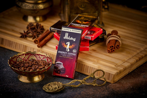 SET: Diblong Energy Coffee - supliment alimentar pentru bărbați, formula de cafea instant cu plante care susțin sănătatea sexuală și funcția erectilă, 6 buc x 10 g