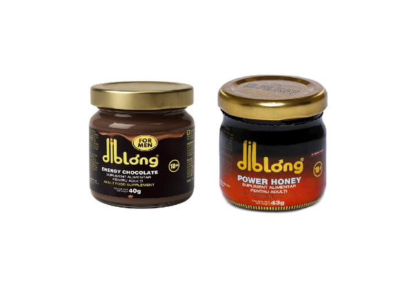 SET: Afrodisiac premium concentrat - Ciocolata cremoasa - DIBLONG ENERGY CHOCOLATE for MEN,poate ajuta la creșterea libidoului, potență, erecție, ejaculare precoce, 40g + 1 borcan miere Diblong Power Honey, 43g