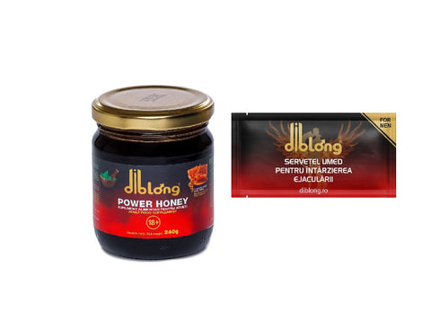 SET: Diblong Power Honey - supliment alimentar pentru adulți cu miere și asocieri de plante care susțin sănătatea sexuală și funcția de reproducere, 240 g + Diblong Delay Wipe