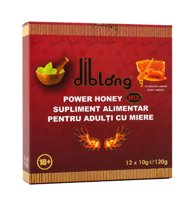 Diblong Power Honey - supliment alimentar pentru adulți cu miere și asocieri de plante care susțin sănătatea sexuală și funcția de reproducere, 12 x 10 g
