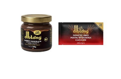 SET: Diblong Energy Chocolate For Men - supliment alimentar pentru bărbați sub formă de ciocolată tartinabilă, cu ingrediente naturale care susțin sănătatea sexuală și funcția erectilă, 40g + Diblong Delay Wipe