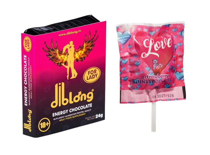 SET: Diblong Energy Chocolate for Lady - supliment alimentar pentru femei pe bază de ciocolată, cu plante care susțin sănătatea sexuală și recăpătarea energiei, 24g + Boinky Lollipop Pink – Acadea afrodisiaca, aromă de căpșuni, Ashwagandha și Maca, 1 buc