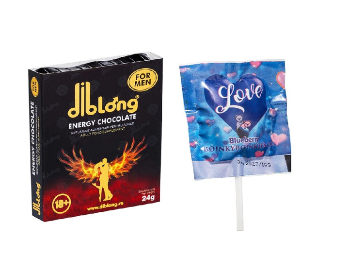 SET: Diblong Energy Chocolate For Men - supliment alimentar pentru bărbați pe bază de ciocolată, cu plante care susțin sănătatea sexuală și funcția erectilă, 24g + Boinky Lollipop Blue – Acadea afrodisiaca, aromă de afine, Ashwagandha și Maca, 1 buc