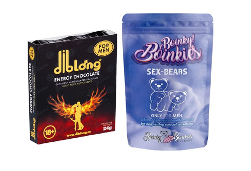 SET: Diblong Energy Chocolate For Men - supliment alimentar pentru bărbați pe bază de ciocolată, cu plante care susțin sănătatea sexuală și funcția erectilă, 24g + Boinky - Jeleuri afrodisiace Ursuleti - Gummy Sex Bears, 6 portii