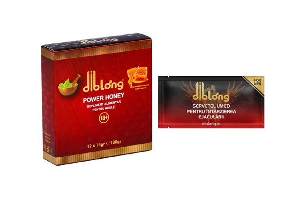 SET: Diblong Power Honey - supliment alimentar pentru adulți cu miere și asocieri de plante care susțin sănătatea sexuală și funcția de reproducere, 12 x 15 g + Diblong Delay Wipe