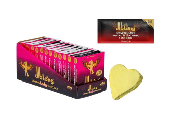 SET: Diblong Energy Chocolate for Lady - supliment alimentar pentru femei pe bază de ciocolată, cu plante care susțin sănătatea sexuală și recăpătarea energiei, 12 x 24g + Diblong Delay Wipe