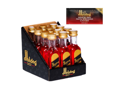 SET: Diblong Energy Shot - supliment alimentar pentru bărbați, cu îndulcitori, sub formă de băutură energizantă care ajută la menținerea sănătății sexuale și a funcției erectile, 12 buc x 30 ml + Diblong Delay Wipe