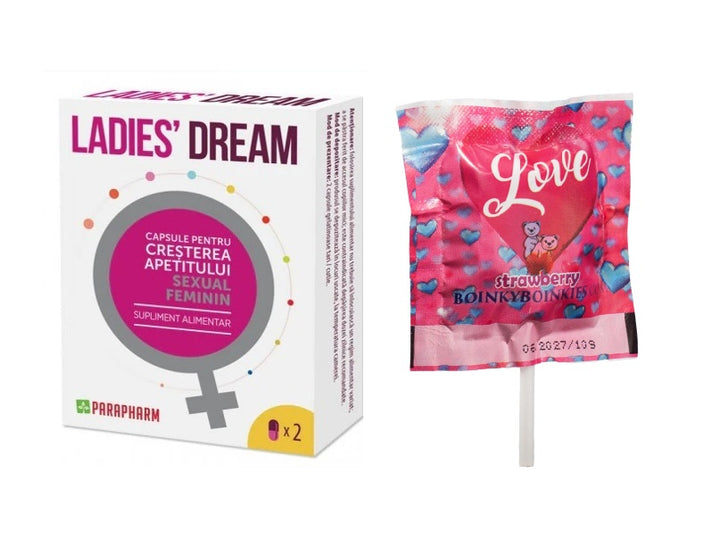 SET: Capsule LADIES DREAM, cresterea apetitului sexual si libidoului feminin, 2 capsule + Boinky Lollipop Pink –  Acadea cu efect afrodisiac, aromă de căpșuni, Ashwagandha și Maca, 1 buc