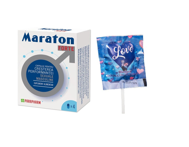 SET: MARATON FORTE, cresterea performantei sexuale barbati, 4 capsule + Boinky Lollipop Blue –  Acadea cu efect afrodisiac, aromă de afine, Ashwagandha și Maca, 1 buc