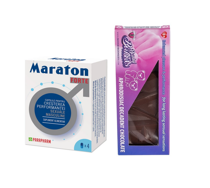 SET: MARATON FORTE, cresterea performantei sexuale barbati, 4 capsule + Boinky, Ciocolată premium cu efect afrodisiac - unisex, 75 g