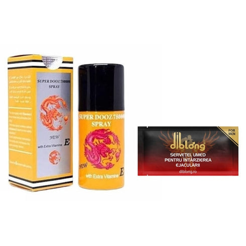 SET: Spray concentrat Super Dooz 78000, poate ajuta la intarzierea ejacularii, 45 ml + 1 Diblong Delay Wipe